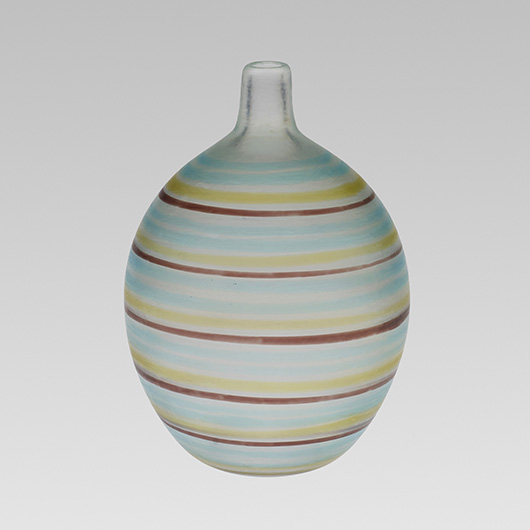 Glass in the a fili technique, decorated with horizontal thread-like colored bands, was first exhibited in Venice in 1940. This narrow-necked vase, almost 9 inches high, brought $41,250 at auction in 2013. Courtesy Wright Auctions.